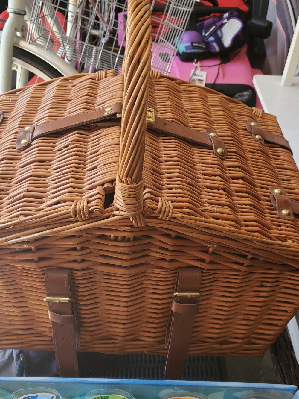 Woven Picnic Basket with Leather Straps - Brown